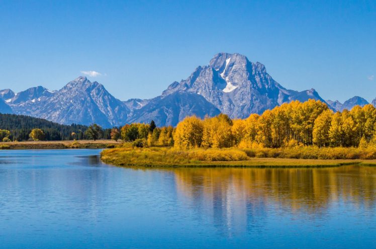 reflection, Forest, Mount, Moran, Grand, Teton, Wyoming, Riber, Mountains, Autumn HD Wallpaper Desktop Background