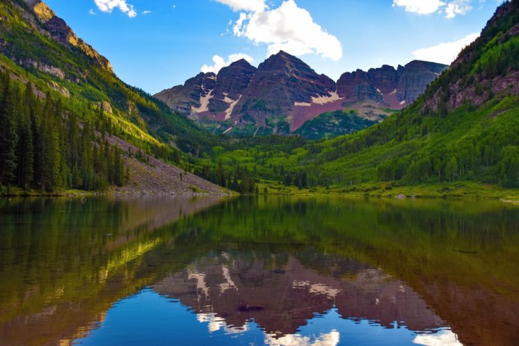 clouds, Lake, Mountains, Reflection, Forest, Forest, Maroon, Bells, Colorado HD Wallpaper Desktop Background