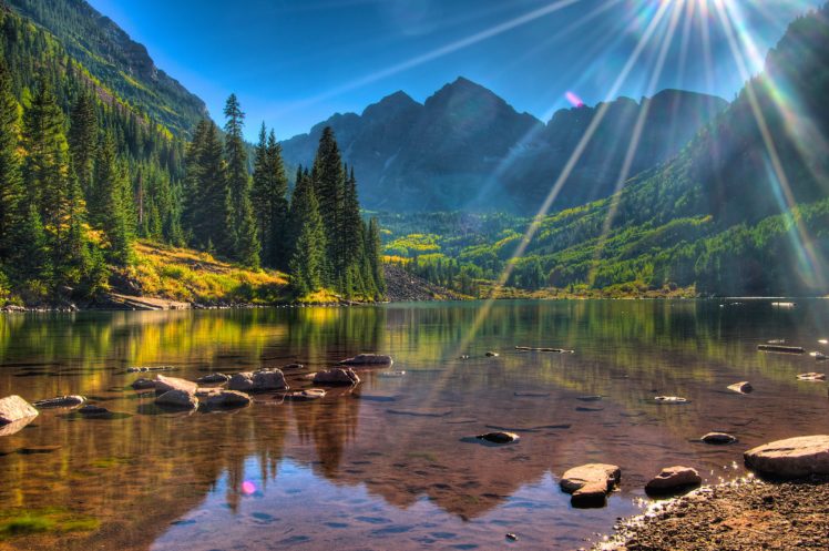 lake, Usa, Colorado, Maroon, Bells, Sun, Sunlight, Forest, Mountains HD Wallpaper Desktop Background