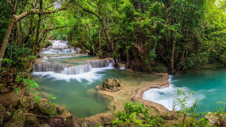 waterfall, Kanjanaburi, Thailand, River, Jungle, Forest HD Wallpaper Desktop Background