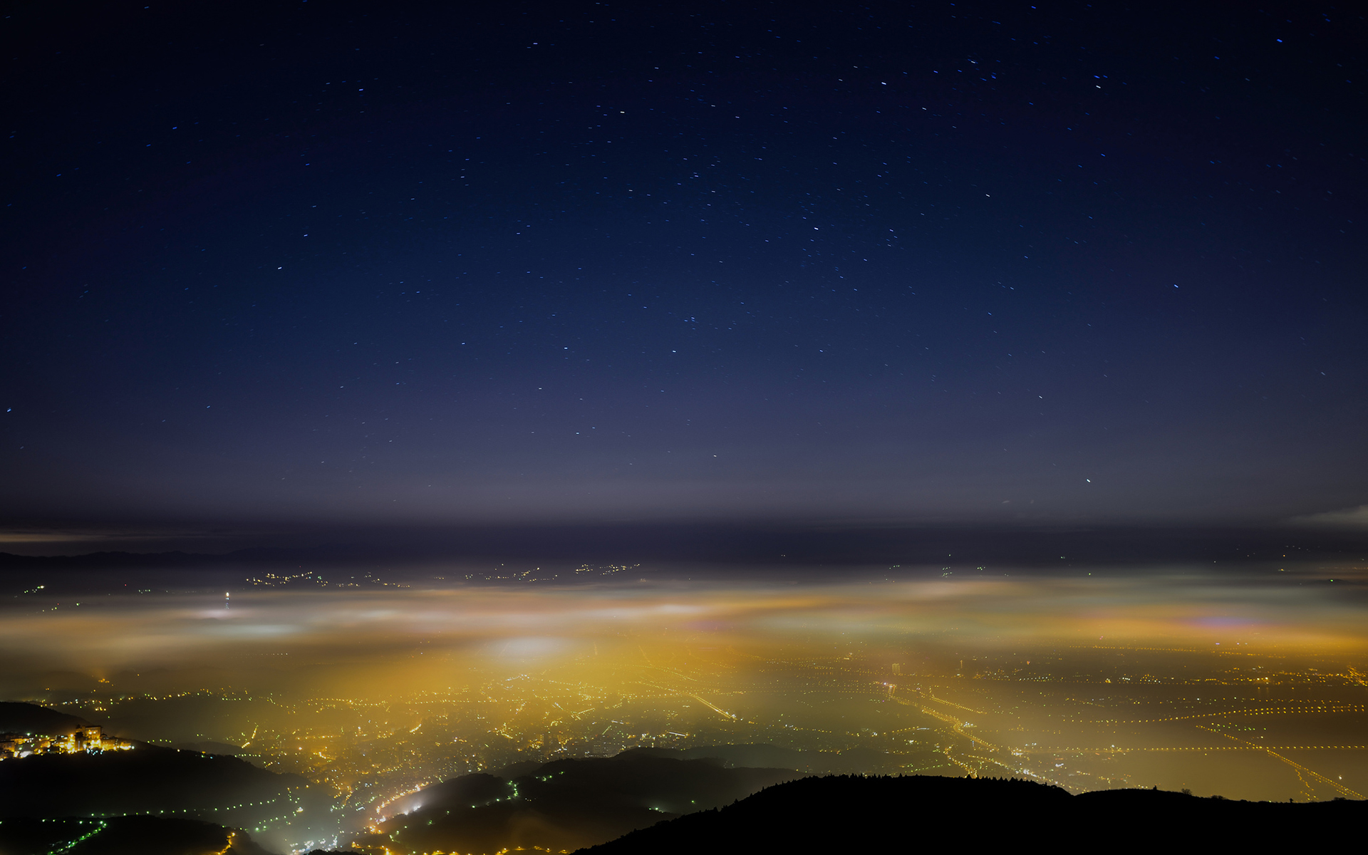 night, Stars, Fog, Mist, Lights, Cities, Sky Wallpaper