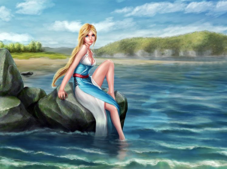 painting, Art, Stones, Blonde, Girl, Dress, Girls, Fantasy, Mermaid, Lake, Mood HD Wallpaper Desktop Background