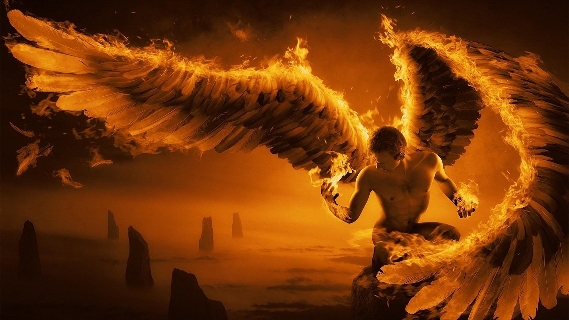 angel, Fire,  , Fantasy, Man Wallpaper