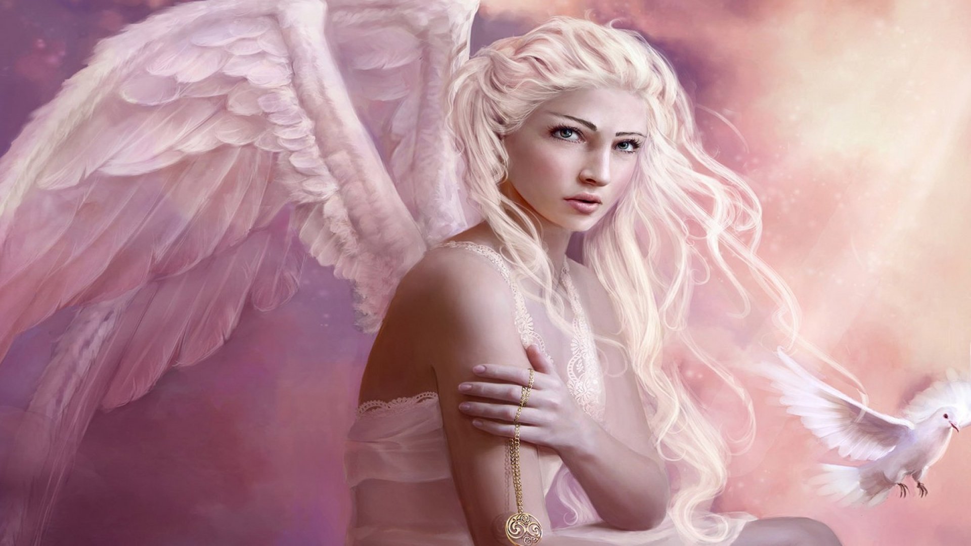 peaceful, Angel,  , Dove, Necklace, Blonde Wallpaper