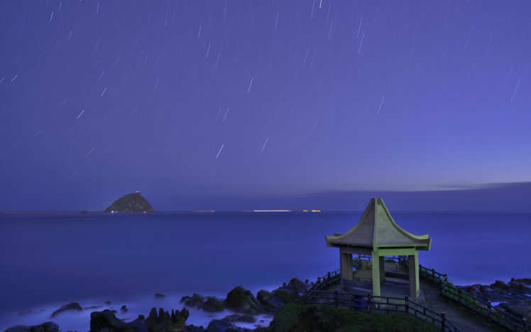 stars, Timelapse, Gazebo, Ocean, Coast, Beaches, Sky HD Wallpaper Desktop Background