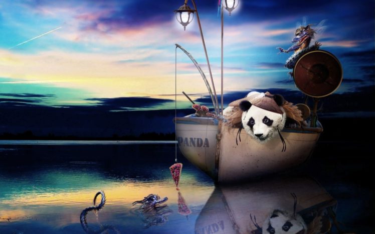 fishing, Fish, Panda, Pizza, Humor, Funny, Underwater, Lake HD Wallpaper Desktop Background