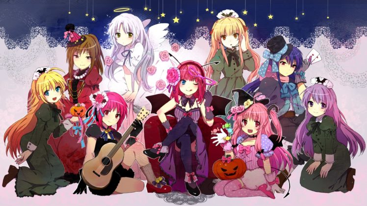 angel, Beats, Anime, Series, Character, Group, Girls, Flower, Pink, Rose, Guitar, Witch, Kawaii, Cute HD Wallpaper Desktop Background