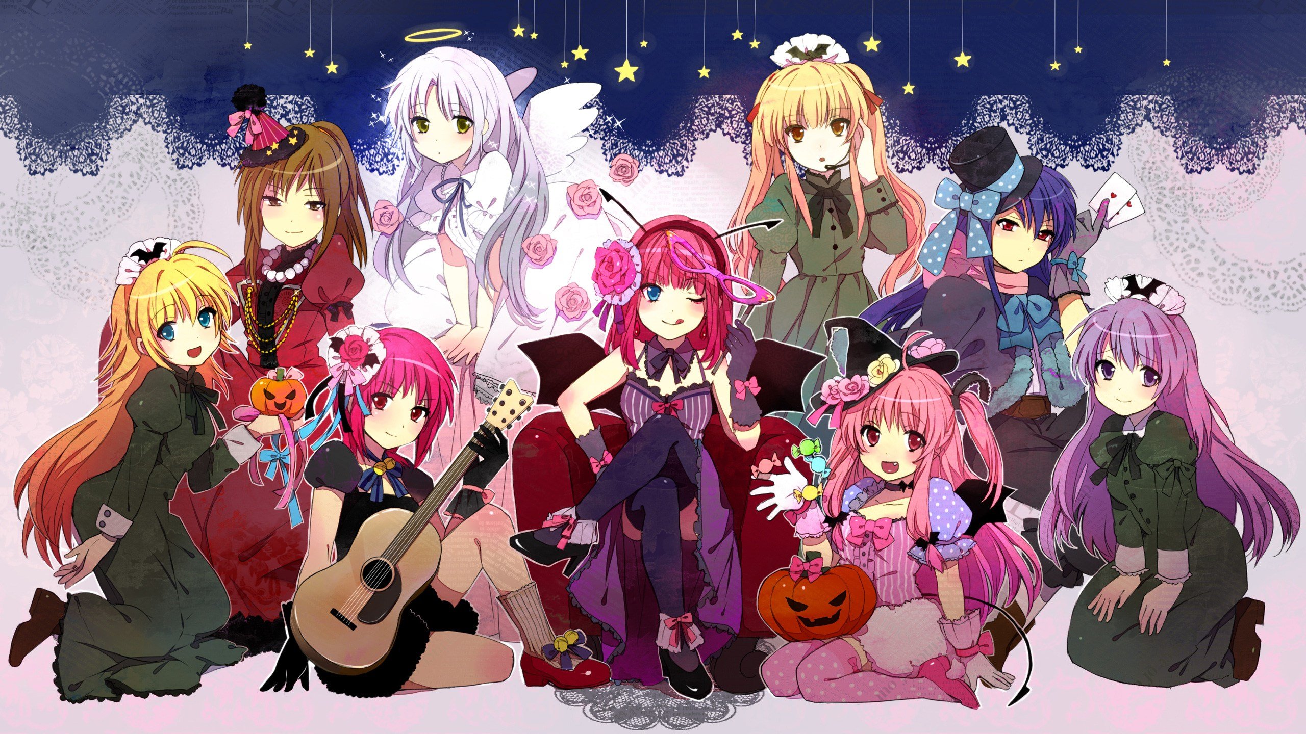 angel, Beats, Anime, Series, Character, Group, Girls, Flower, Pink, Rose, Guitar, Witch, Kawaii, Cute Wallpaper