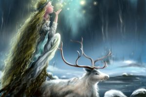 lights, Ice, Snow, Mania, Horns, Princess, Face, Animal, Long, Hair, Girl, Profile, Deer, Winter