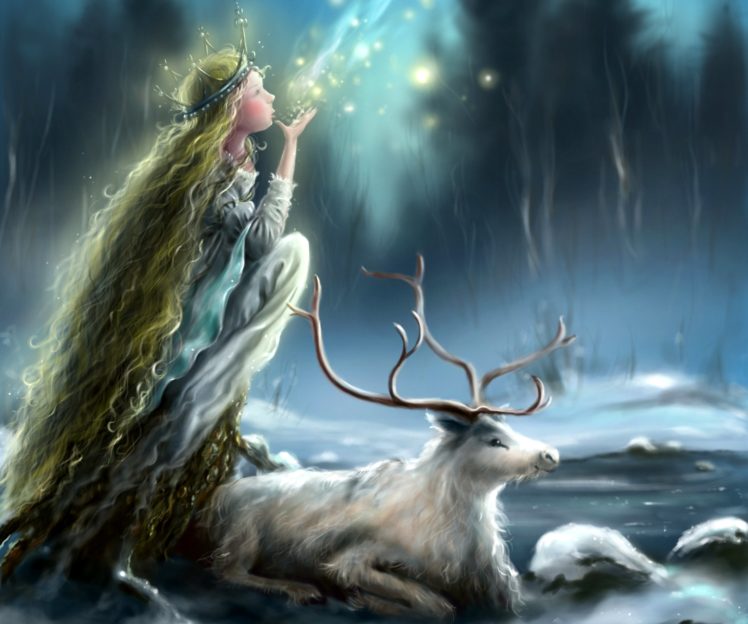lights, Ice, Snow, Mania, Horns, Princess, Face, Animal, Long, Hair, Girl, Profile, Deer, Winter HD Wallpaper Desktop Background