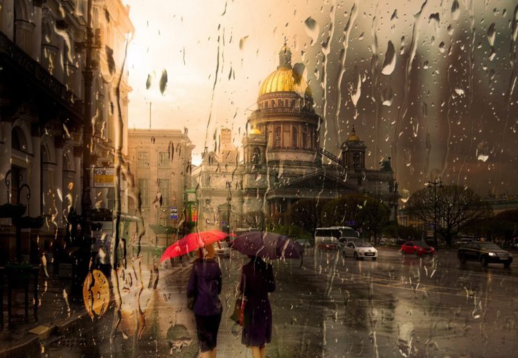 isaac, Rain, Petersburg, Yellow, Beautiful, City, Red, Umbrella HD Wallpaper Desktop Background