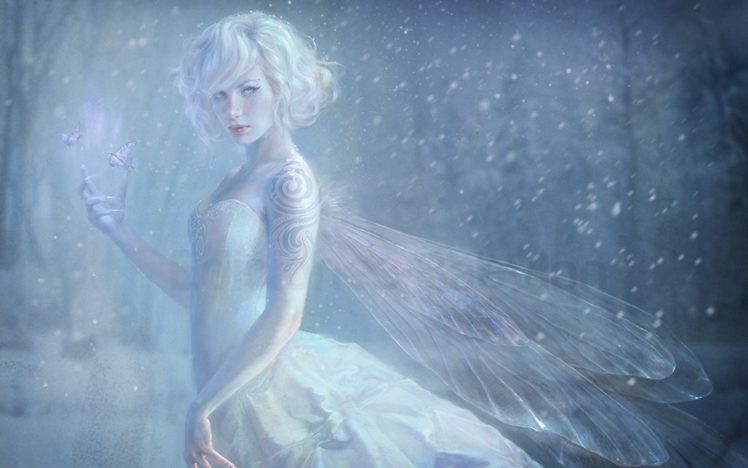 girl, Snow, Fairy, Wings, Claws, Tattoo, Pattern, Butterflies, Blizzard HD Wallpaper Desktop Background