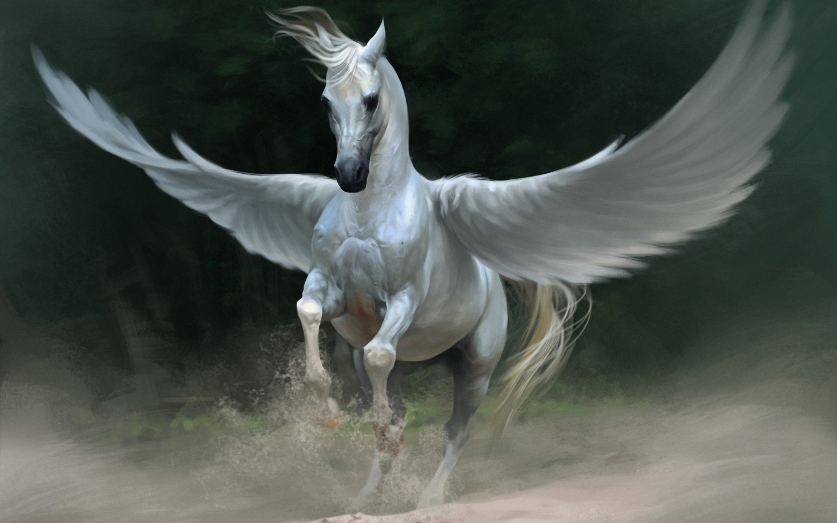 art, Fantasy, Pegasus, Horse, White, Wings, Dust, Sand Wallpaper