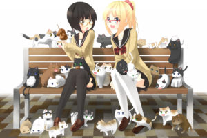 original, Anime, Cats, Kittens, Girls