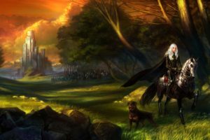 art, Castle, Girl, Rider, The, Horse, Dog, Army, Grass, Rocks, Forest