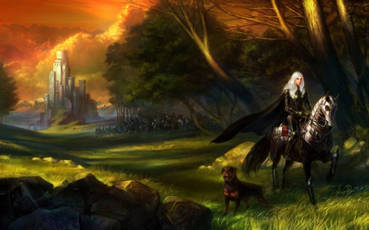 art, Castle, Girl, Rider, The, Horse, Dog, Army, Grass, Rocks, Forest HD Wallpaper Desktop Background