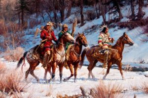 martin, Grelle, On, A, Winter, Quest, Painting, Landscape, Winter, Watch, Indians, Horses, Forest, Stream