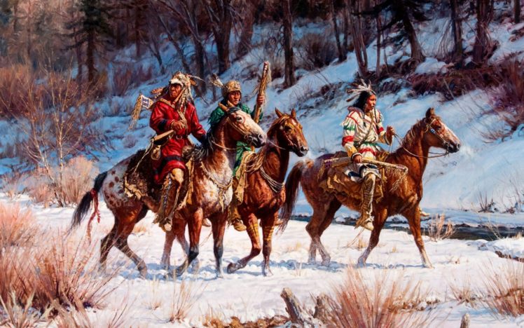 martin, Grelle, On, A, Winter, Quest, Painting, Landscape, Winter, Watch, Indians, Horses, Forest, Stream HD Wallpaper Desktop Background