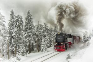 engine, Train, Composition, Winter, Snow, Trees, Ate, Rails, Smoke