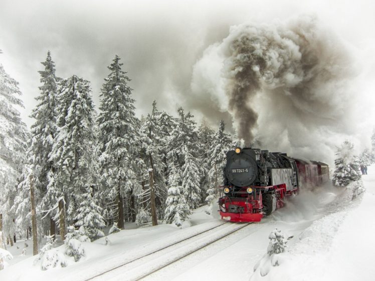 engine, Train, Composition, Winter, Snow, Trees, Ate, Rails, Smoke HD Wallpaper Desktop Background