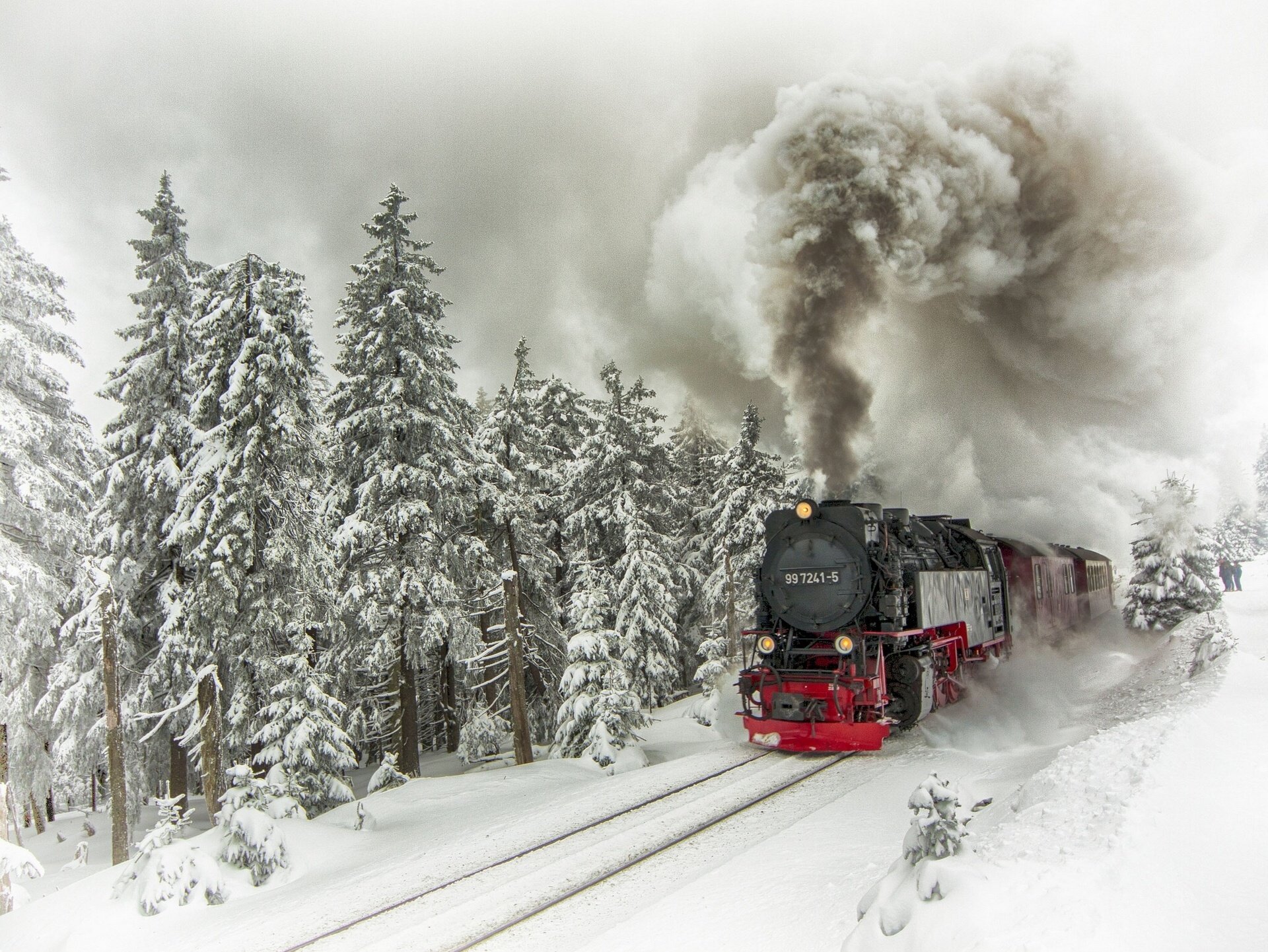 engine, Train, Composition, Winter, Snow, Trees, Ate, Rails, Smoke Wallpaper
