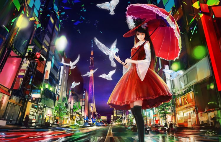 art, Girl, Umbrella, Street, City, Night, Magic, Birds, Paints HD Wallpaper Desktop Background
