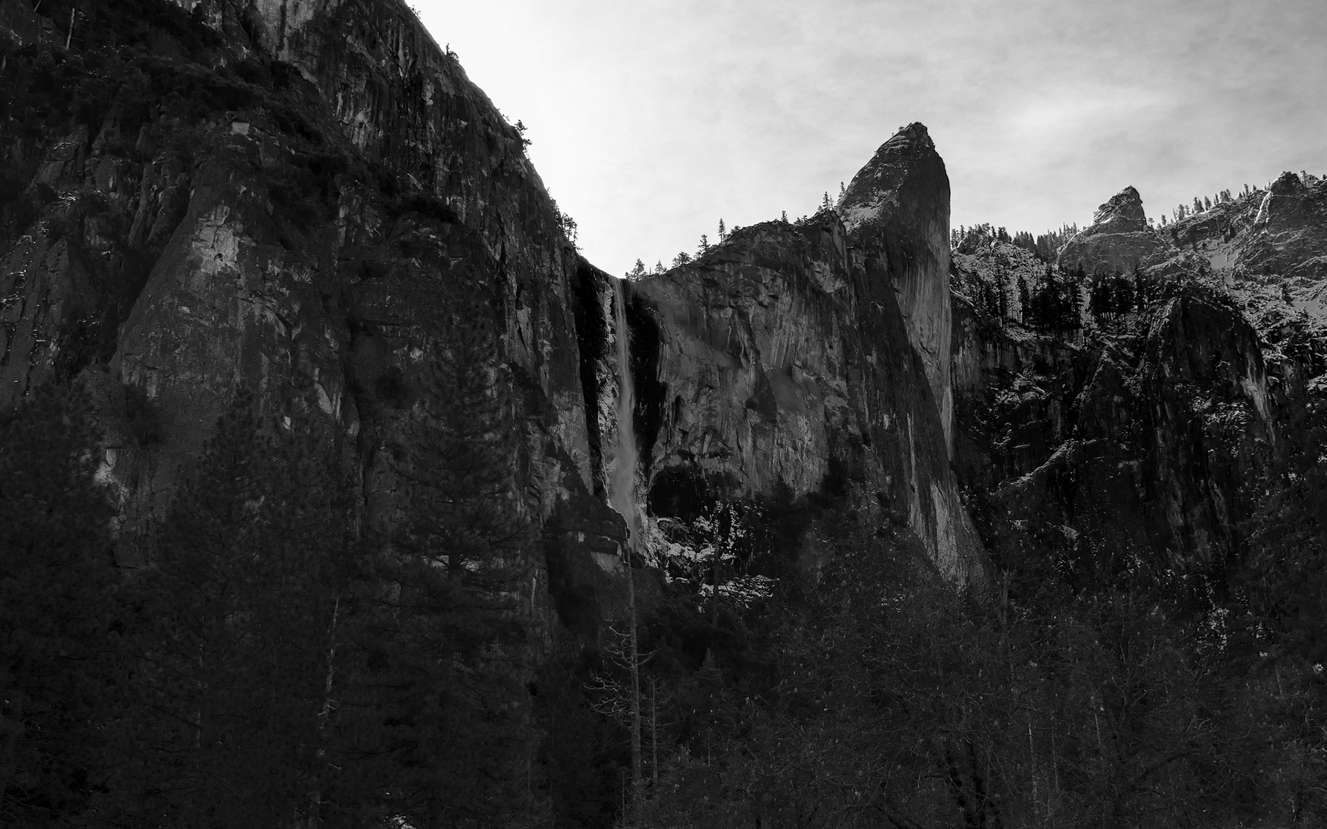 cliff, Waterfall, Rock, Stone, Bw, Trees, Mountains, Black, White Wallpaper