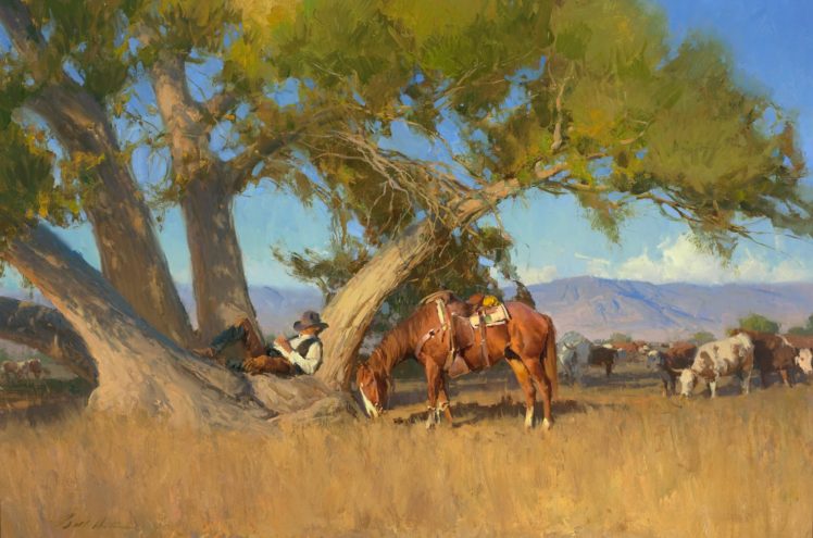 dream, Mountains, Recreation, Tree, Sky, Cowboy, Cow, Landscape, Horse HD Wallpaper Desktop Background