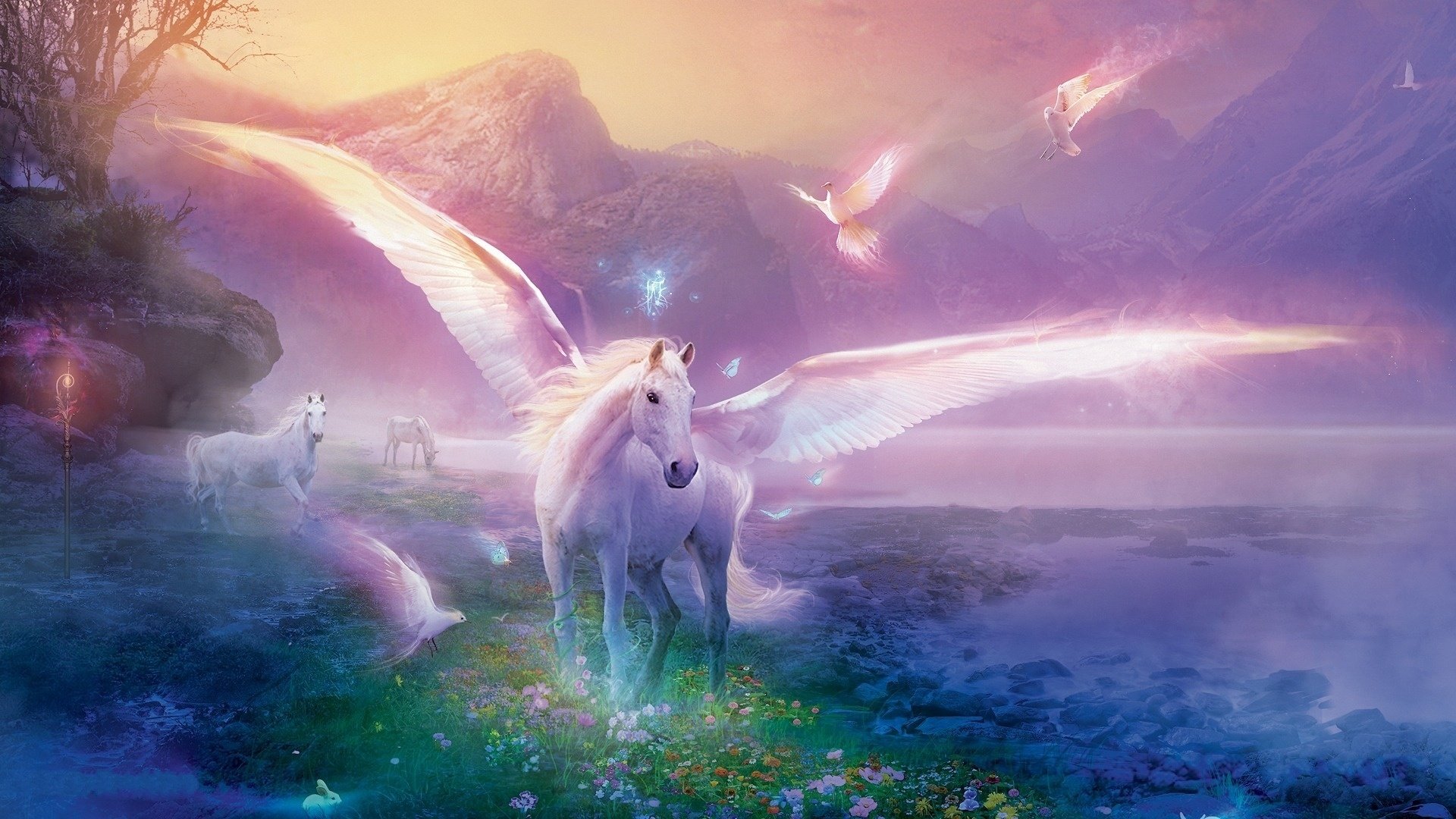 horse, Pegasus, Pigeons, Fantasy Wallpaper