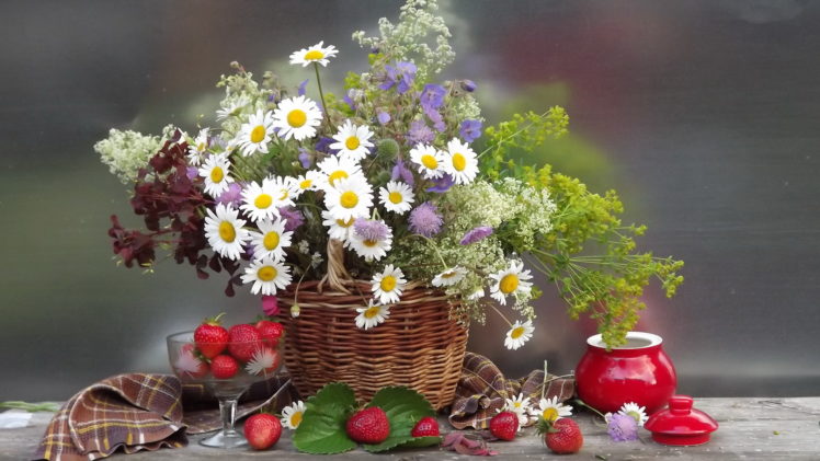 daisies, Flowers, Flower, Bouquet, Strawberries, Berries, Still, Life, Bouquet HD Wallpaper Desktop Background