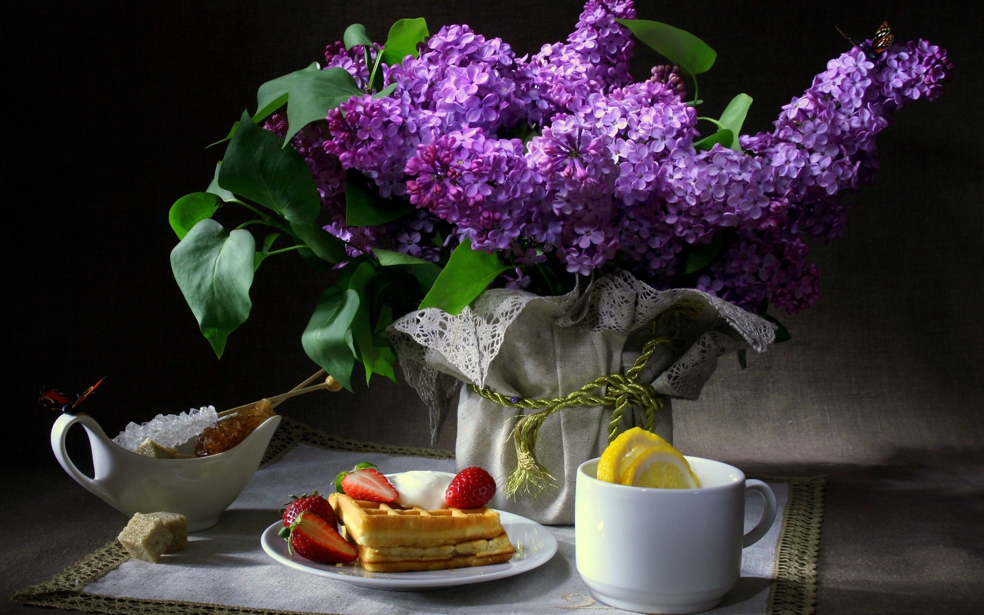 still, Life, Breakfast, Waffles, Strawberries, Cup, Lemon, Sugar, Flowers, Lilac, Butterfly, Napkin Wallpaper