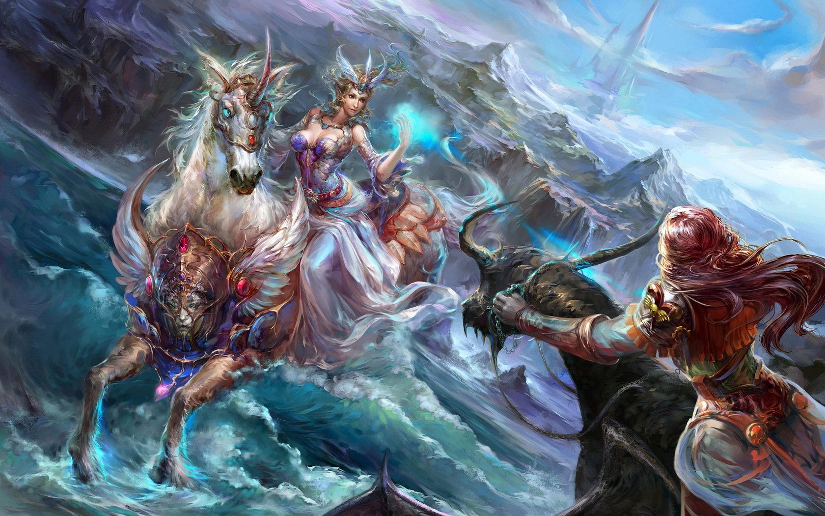 unicorn, Horse, Girls, Dragon, Elf, Rocks, Castle, Sea, Waves Wallpaper