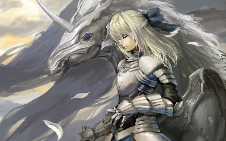 art, Girl, Horse, Unicorn, Wings, Blonde, Warrior HD Wallpaper Desktop Background