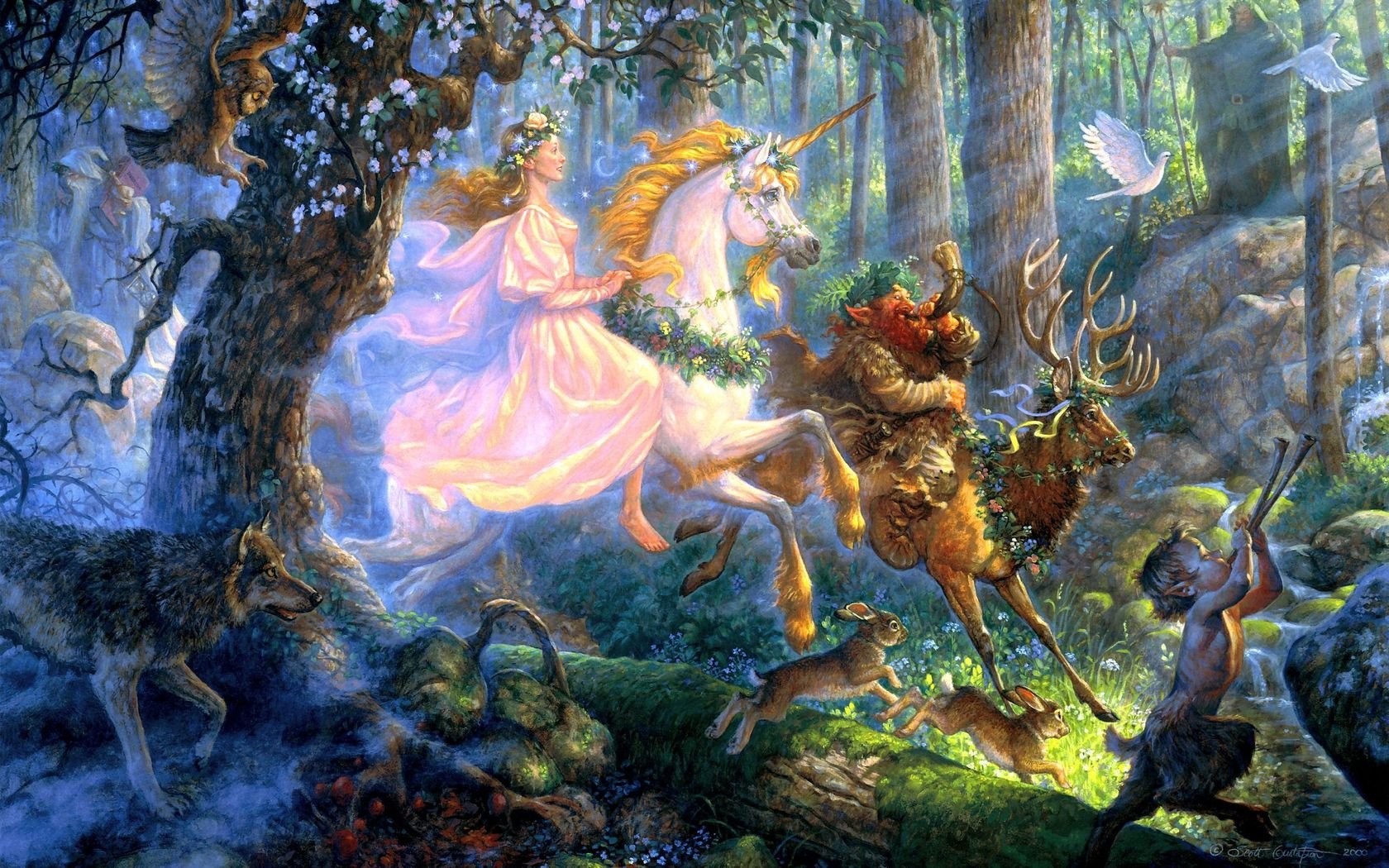 girl, Unicorn, Deer, Imp, Wolf, Hares, Pigeons, Forest, Art Wallpaper