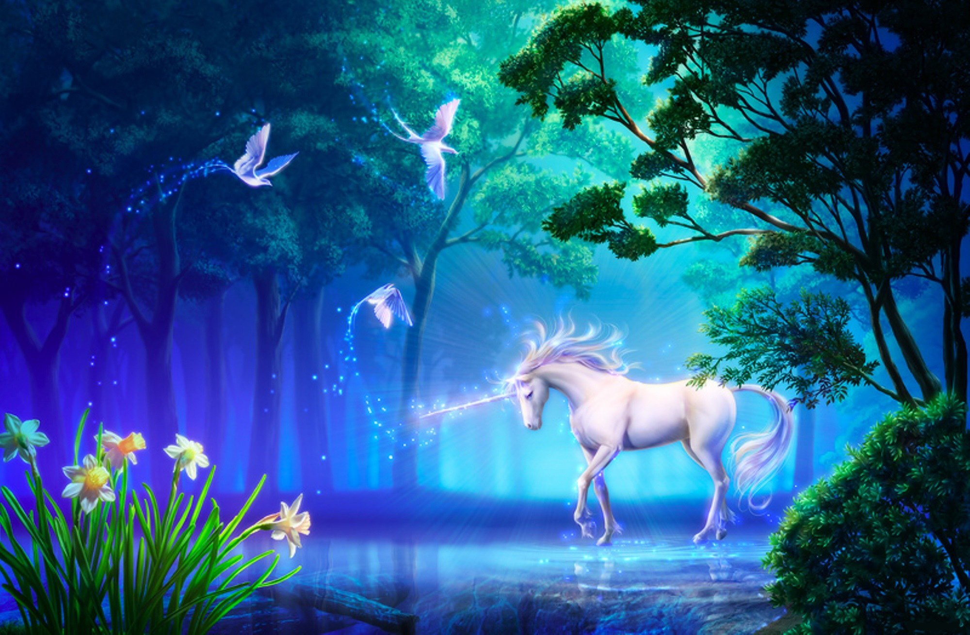 art, Unicorn, Horse, Birds, Lake, Forest, Flowers, Daffodils Wallpaper