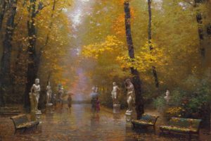 trees, Benches, Victor, Nizovtsev, Statue, Gold, Landscape, Rain, Park, Art, Picture, Tour, Autumn, Defoliation, Umbrellas