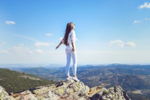 girl, Mountain, Jeans, Wind, Hair, Pose, Standing