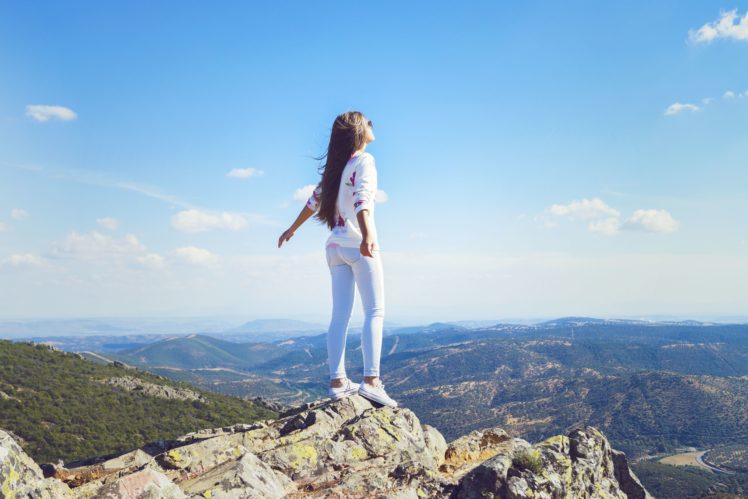 girl, Mountain, Jeans, Wind, Hair, Pose, Standing HD Wallpaper Desktop Background