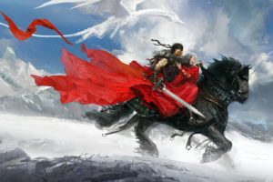 fantasy, Painting, Sword, Dragon, Ice, Snow, Red, Princes, Horse, Mountain