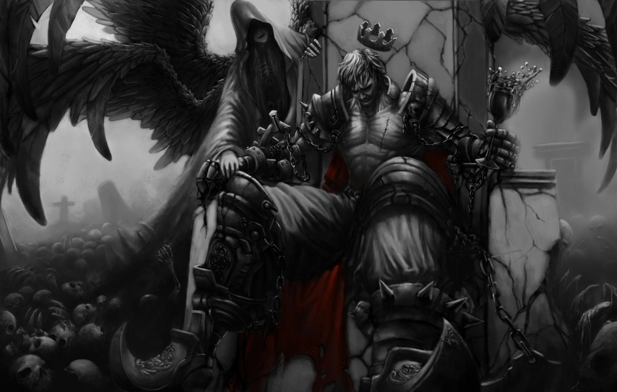 art, Wings, King, Wineglass, Lich, Girl, Throne, Crown, Cape, Skull Wallpaper