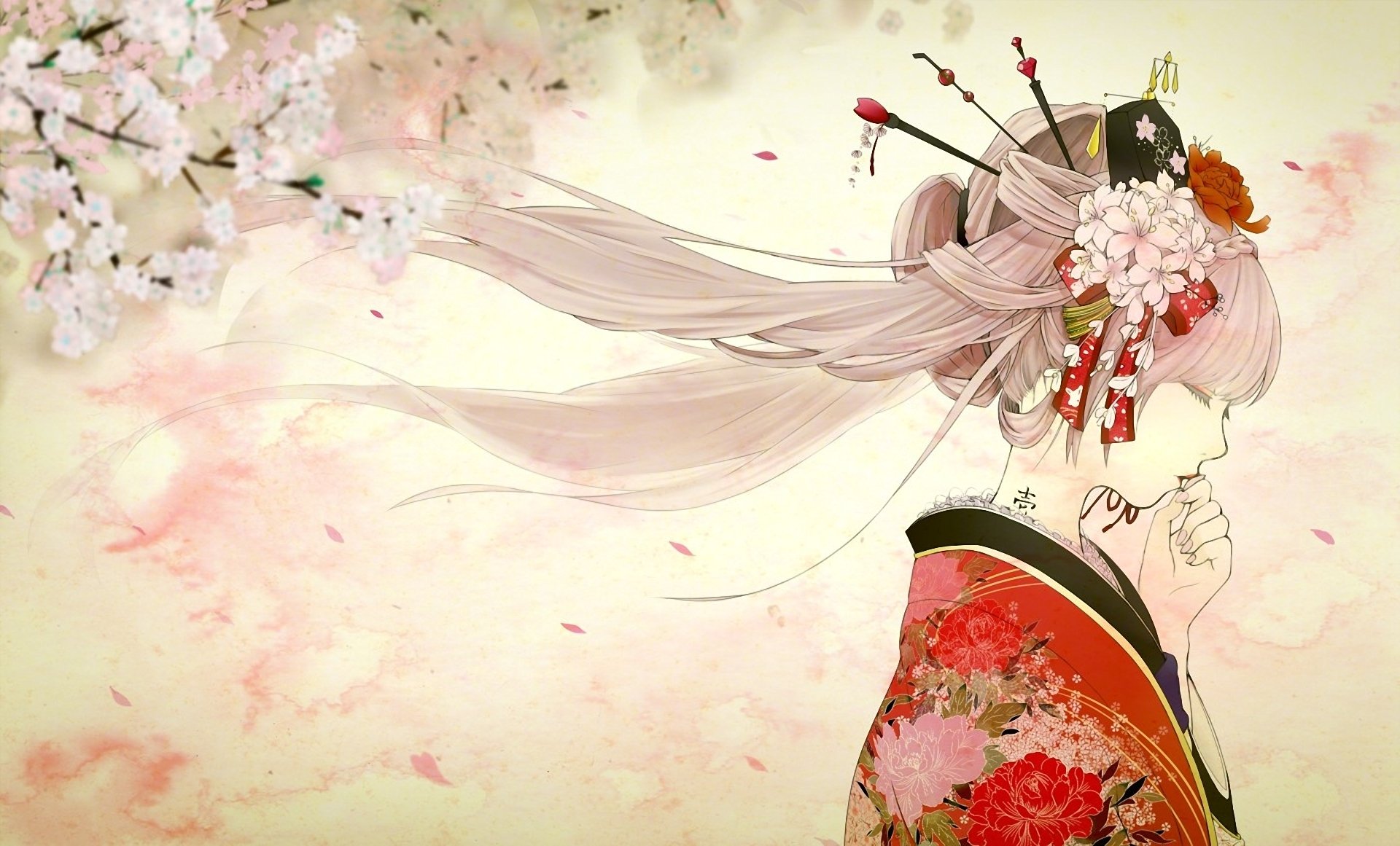 art, Girl, Kimono, Tattoo, Profile, Sakura, Spring Wallpaper