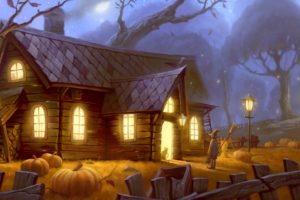 halloween, Home, Light, Cat, Pumpkin, Forest, Witch