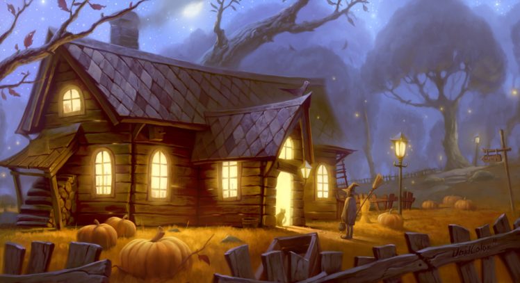 halloween, Home, Light, Cat, Pumpkin, Forest, Witch HD Wallpaper Desktop Background