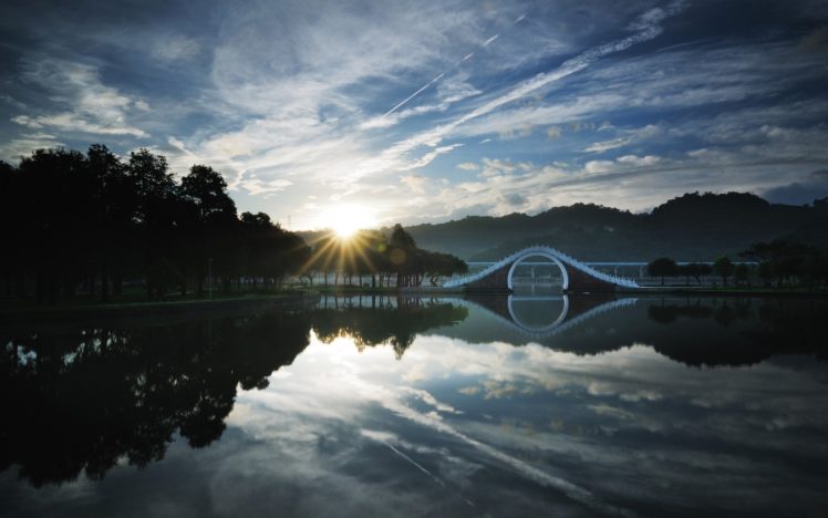 china, Taipei, Lake, Bridge, Sunrise, Tree, Sky, Cloud, Forest HD Wallpaper Desktop Background