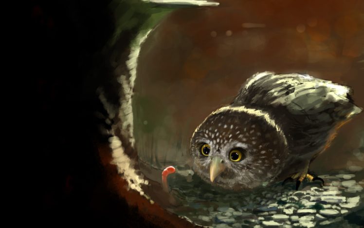 art, Owl, Worm, Worm, Food, Bird, Tree, Stump, Wood HD Wallpaper Desktop Background