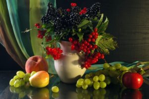 fruit, Berries, Grapes, Apples, Peaches, Still, Life, Vase, Apples