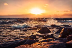 sunset, Sea, Rocks, Stones, Waves, Landscape