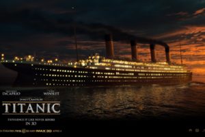 titanic, Ship, Night, Sea, Light