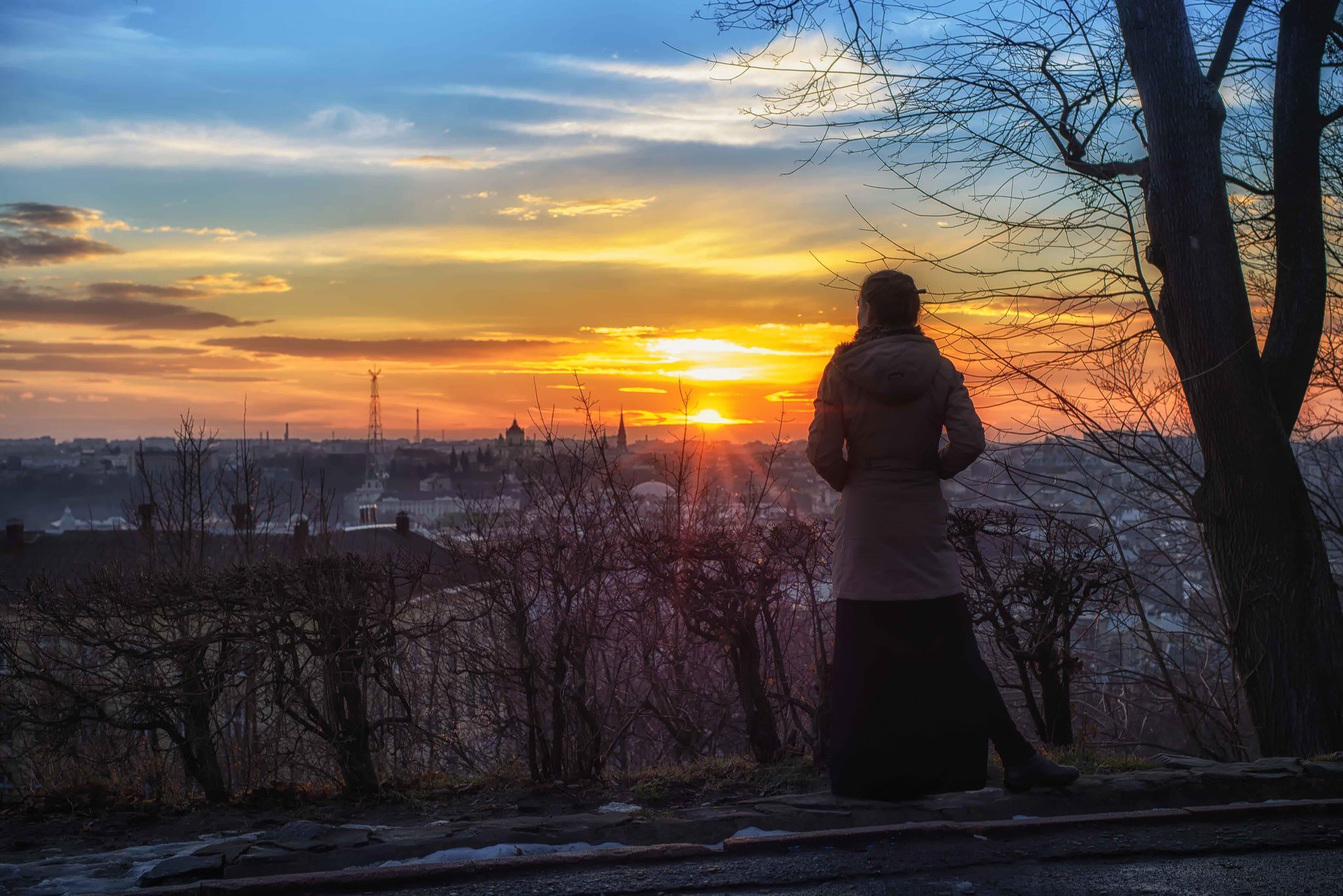 sunset, Girl, City, Lviv, View, Sun Wallpaper