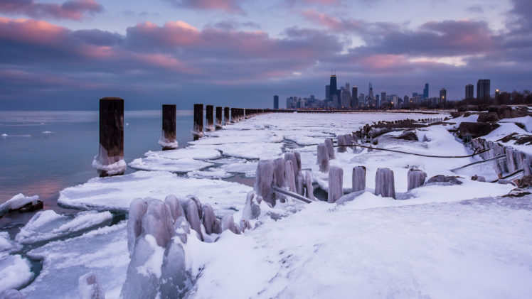 chicago, Buildings, Skyscrapers, Winter, Frozen, Ice, Posts, Ocean HD Wallpaper Desktop Background